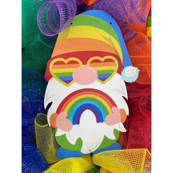 Everyone is Welcome Here Rainbow Gnome Pride Flag LGBTQ Sign Mesh Ribbon Wreath - Picture 2 of 9